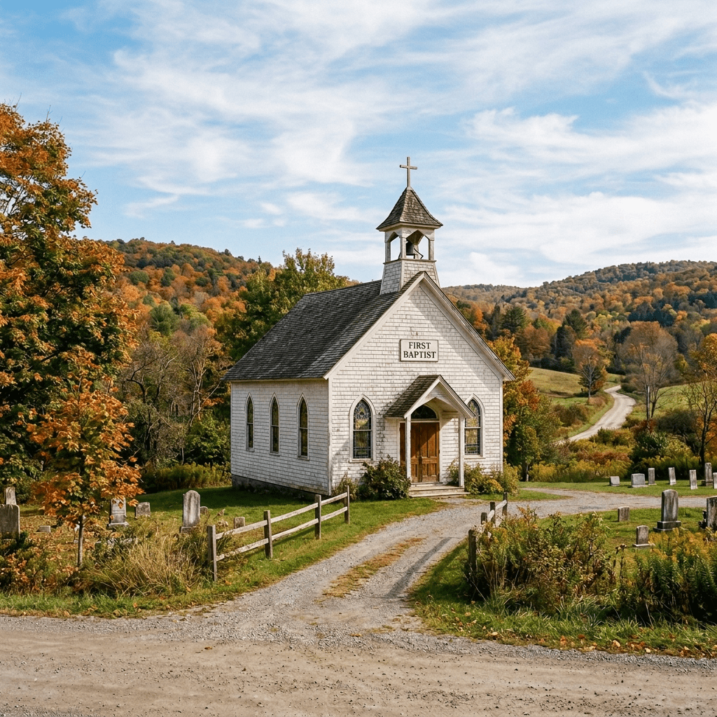 White rural chapel labeled St Judes Borral Chapel beside a cemetery