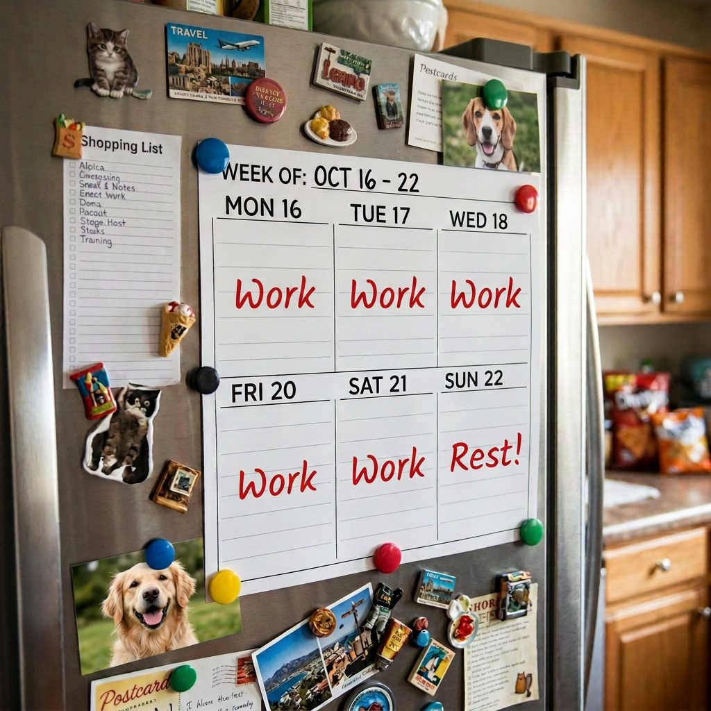 Weekly calendar labeled October 16–22 with work, errands, appointments, and Sunday rest day