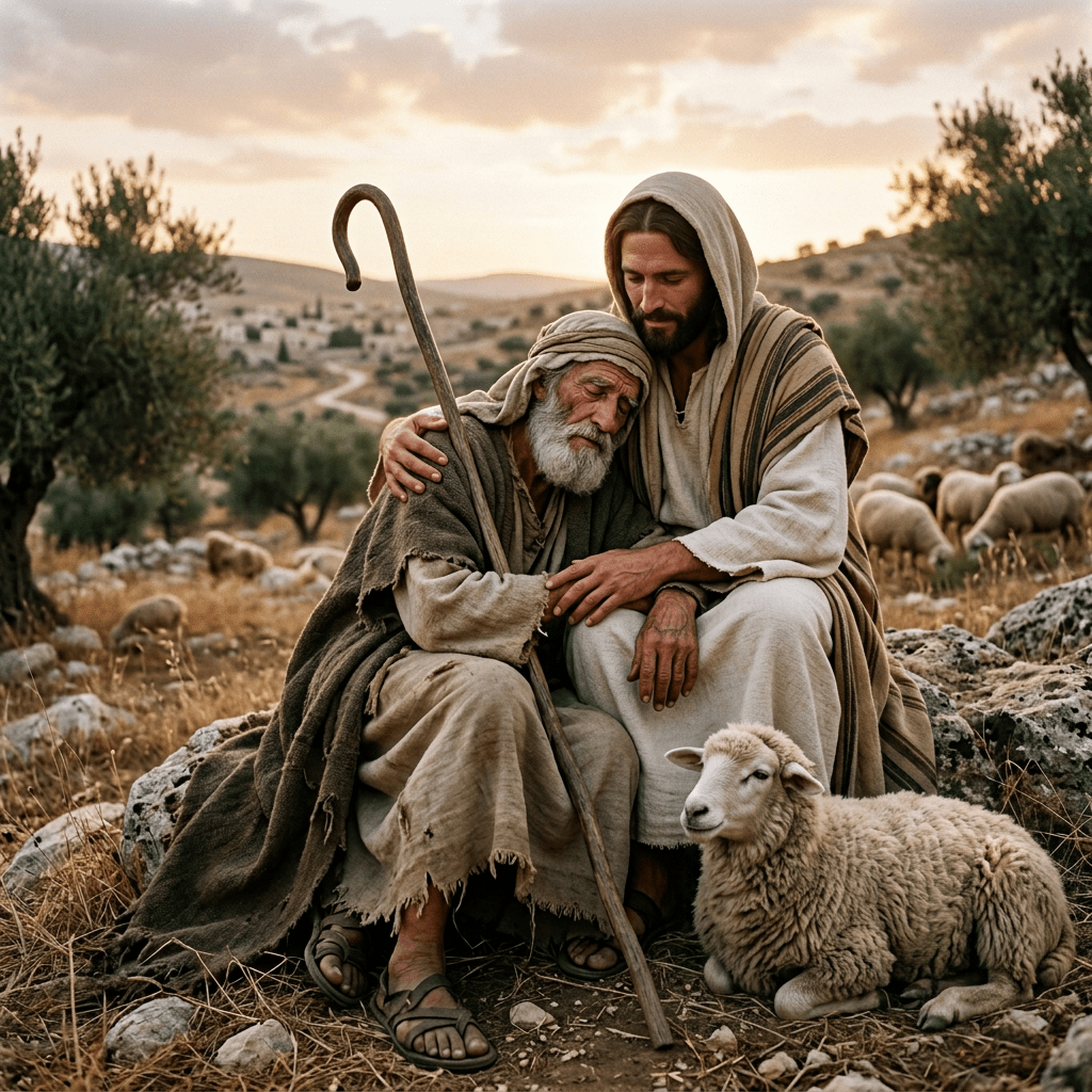 A shepherd comforts an elderly man beside sheep and a dog