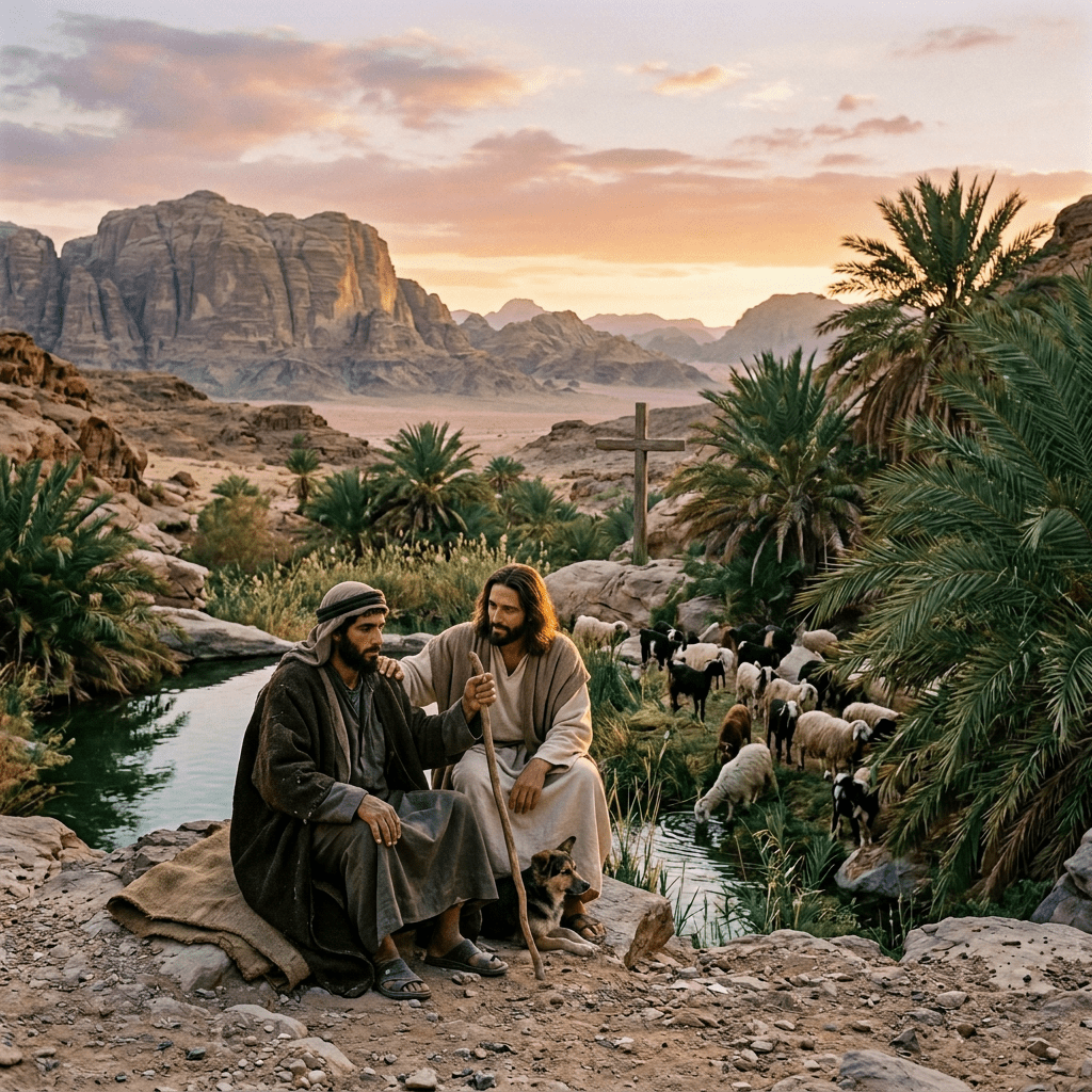 Shepherd with walking stick beside an oasis, goats and palms below desert mountains